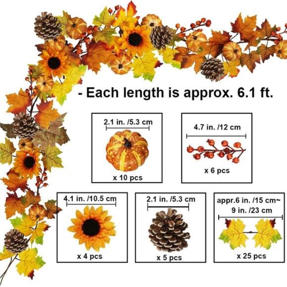 2 Pack Fall Maple Leaf Garland - 6ft/Piece Artificial Berries Sunflower Pumpkin - Picture 3 of 7